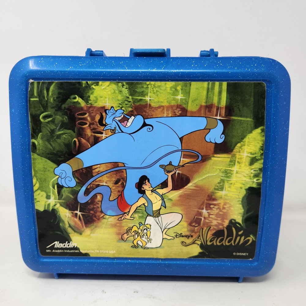 Vintage 1992 Disney Aladdin Plastic Lunch Box Blue Glitter Genie Aladdin Abu